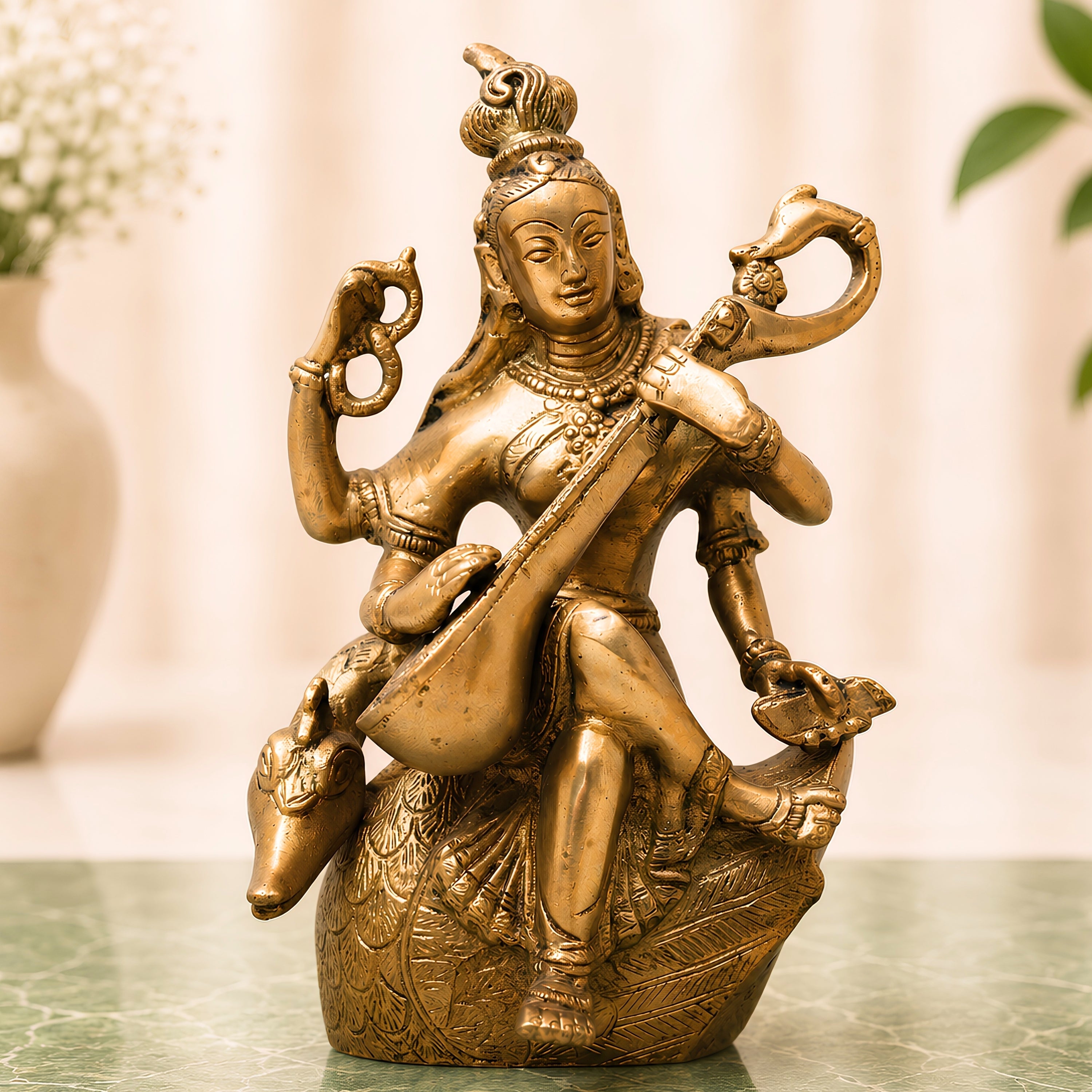 Brass Saraswati Idol, Peetal Vagdevi Sharada Devi Murti, Handmade Bharati Vani Statue for Pooja, Home & Temple Decor,Gold, 7.5 Inch, 1 Piece