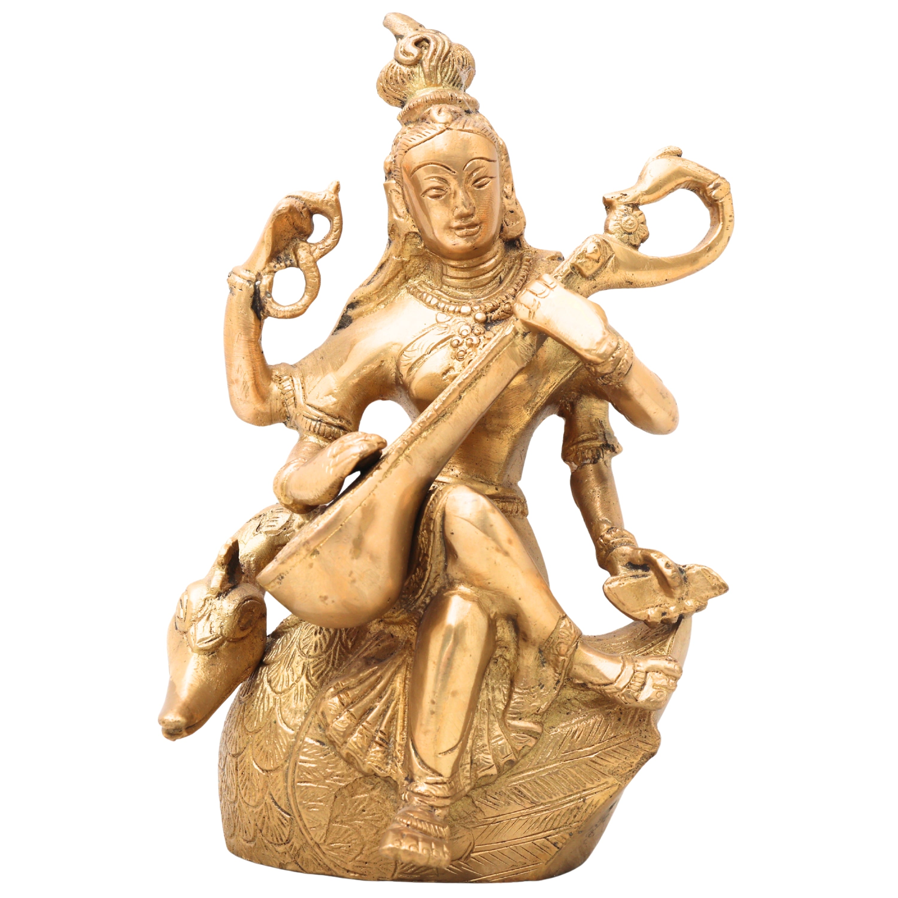 Brass Saraswati Idol, Peetal Vagdevi Sharada Devi Murti, Handmade Bharati Vani Statue for Pooja, Home & Temple Decor,Gold, 7.5 Inch, 1 Piece