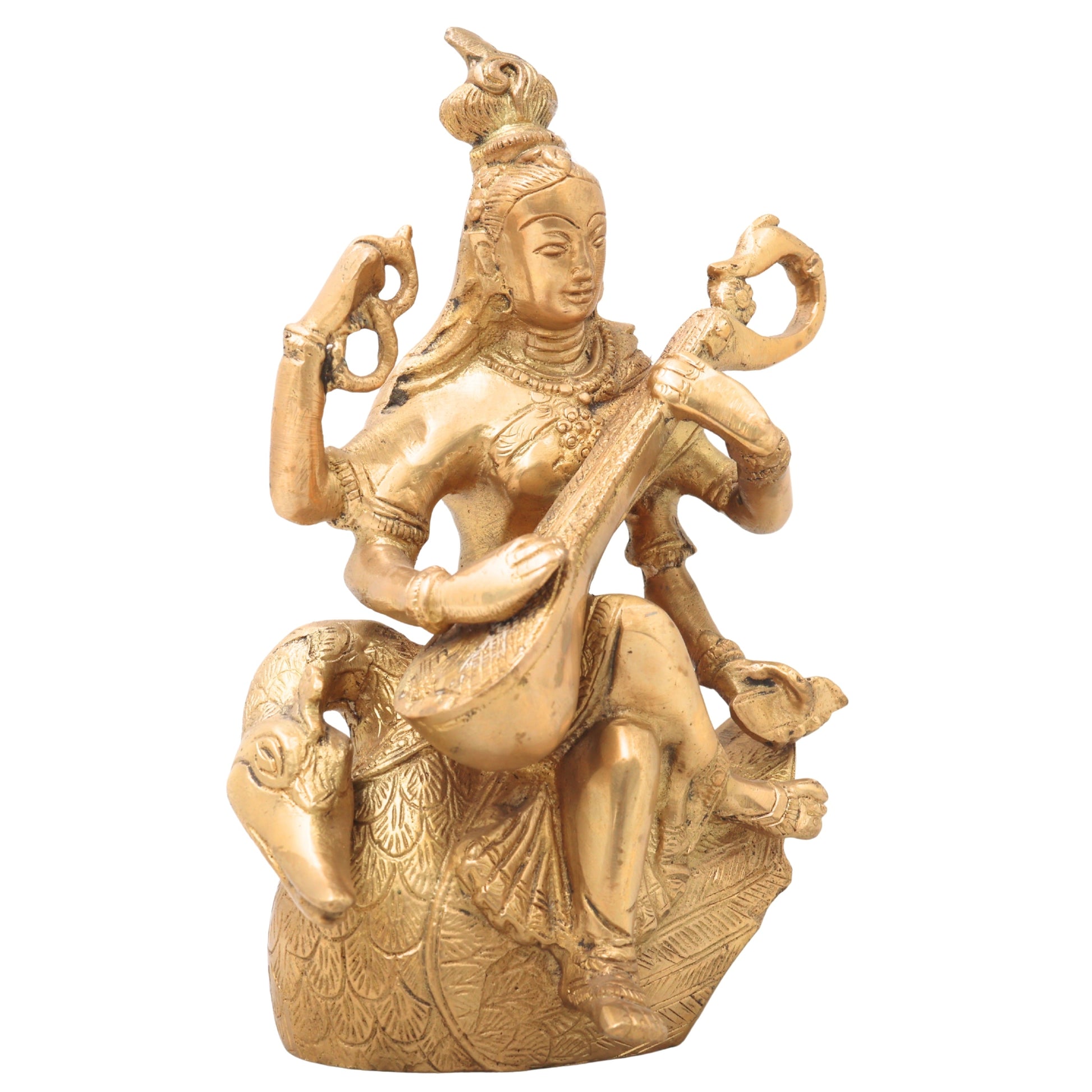 Brass Saraswati Idol, Peetal Vagdevi Sharada Devi Murti, Handmade Bharati Vani Statue for Pooja, Home & Temple Decor,Gold, 7.5 Inch, 1 Piece