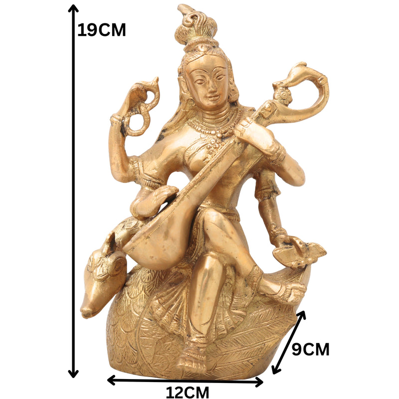 Brass Saraswati Idol, Peetal Vagdevi Sharada Devi Murti, Handmade Bharati Vani Statue for Pooja, Home & Temple Decor,Gold, 7.5 Inch, 1 Piece