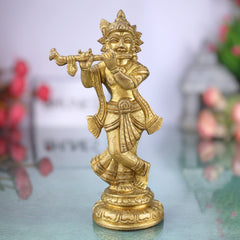 Brass Krishna Idol – Handmade Lord Krishna Murti, Gopal Statue, Govinda Vigraham, Balakrishna Sculpture, Radha Krishna Idol for Pooja, Home, Temple & Office Decor,Gold, 6.5 Inch, 1 Piece
