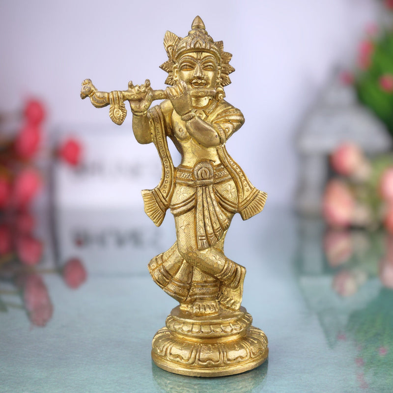 Brass Krishna Idol – Handmade Lord Krishna Murti, Gopal Statue, Govinda Vigraham, Balakrishna Sculpture, Radha Krishna Idol for Pooja, Home, Temple & Office Decor,Gold, 6.5 Inch, 1 Piece