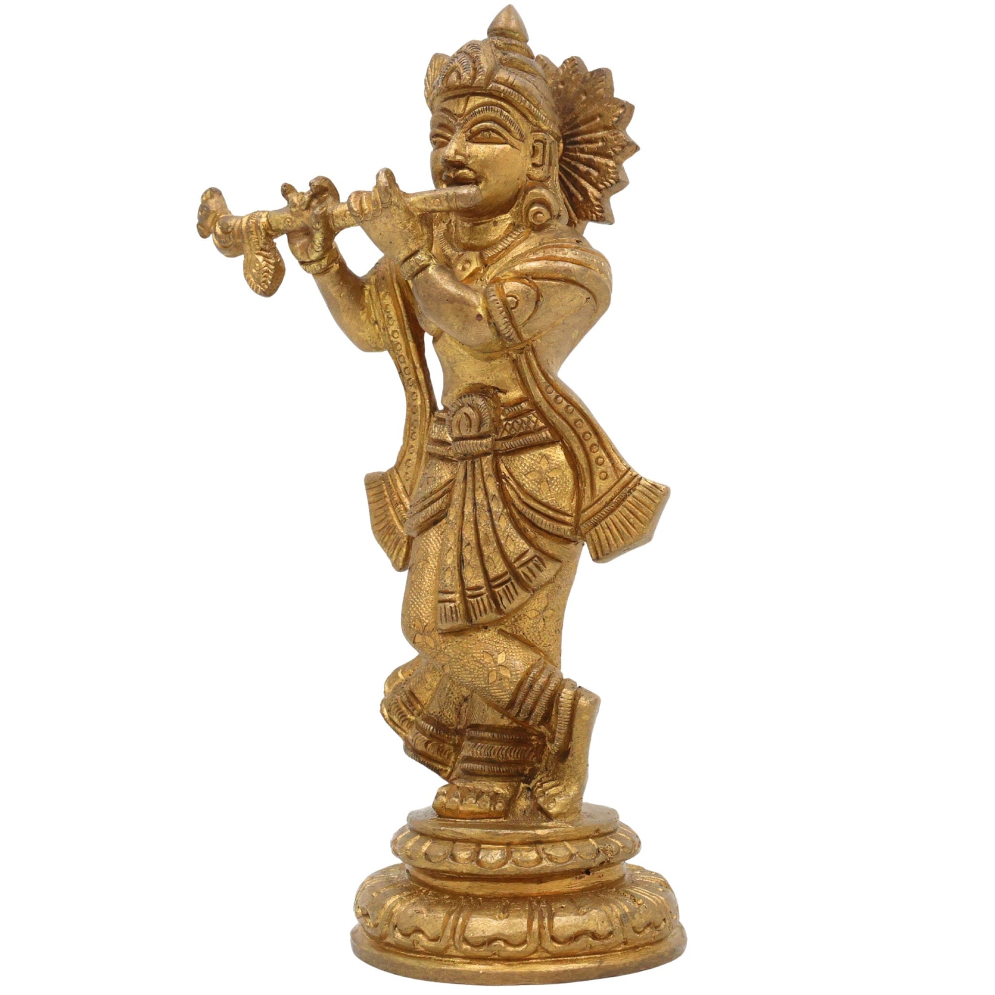 Brass Krishna Idol – Handmade Lord Krishna Murti, Gopal Statue, Govinda Vigraham, Balakrishna Sculpture, Radha Krishna Idol for Pooja, Home, Temple & Office Decor,Gold, 6.5 Inch, 1 Piece