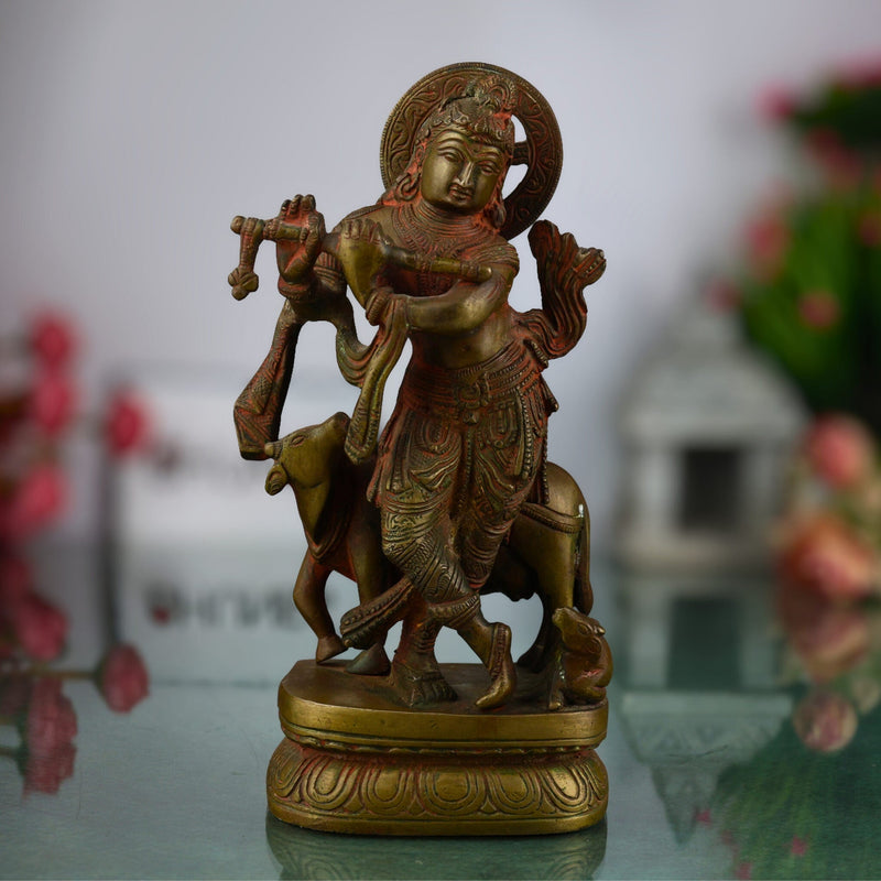 Brass Krishna with Cow Idol | Bal Gopal Govinda Murti | Peetal Kanhaiya Statue for Puja, Home Decor & Gifts, Gold, 8 Inch, 1 Piece