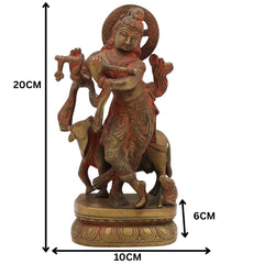 Brass Krishna with Cow Idol | Bal Gopal Govinda Murti | Peetal Kanhaiya Statue for Puja, Home Decor & Gifts, Gold, 8 Inch, 1 Piece