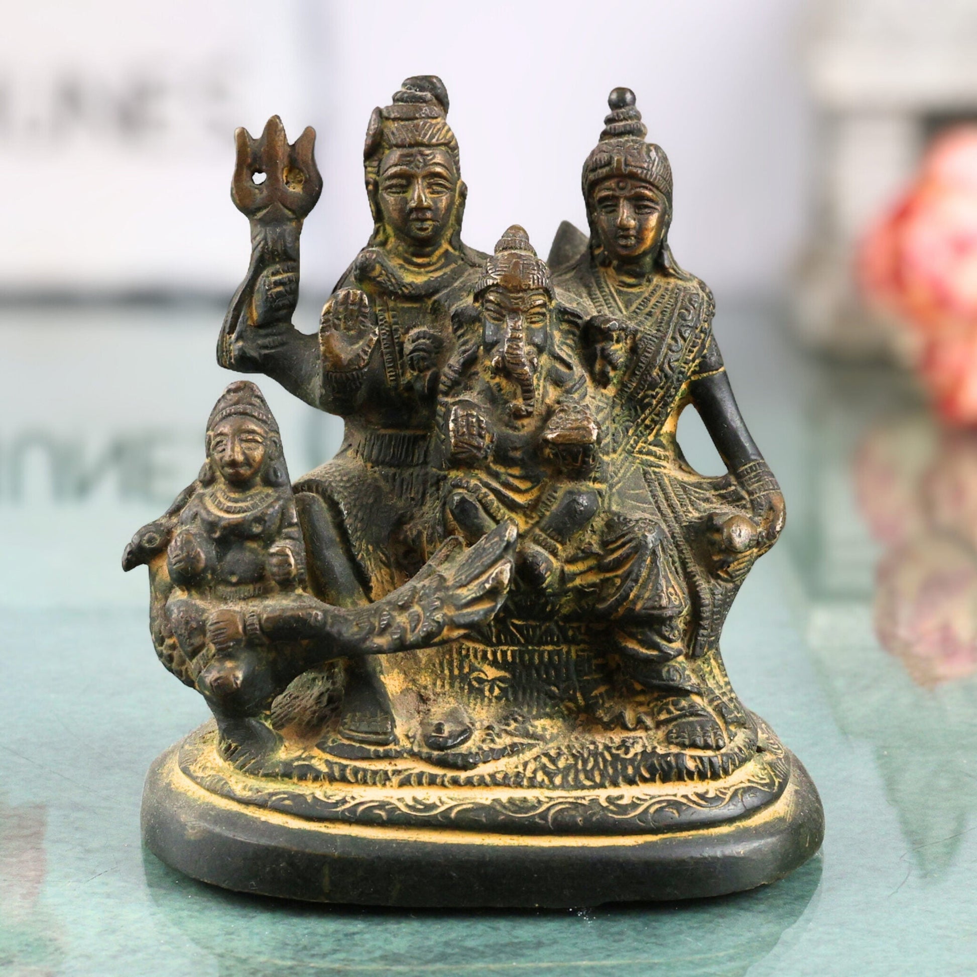 Brass Shiv Pariwar Sculpture With Parwati, Ganesha, Shiva And Lingam | Shiv Pariwar | Shivaparivar | Shivparivar Murti, Multicolor, 4.5 Inch, 1 Piece