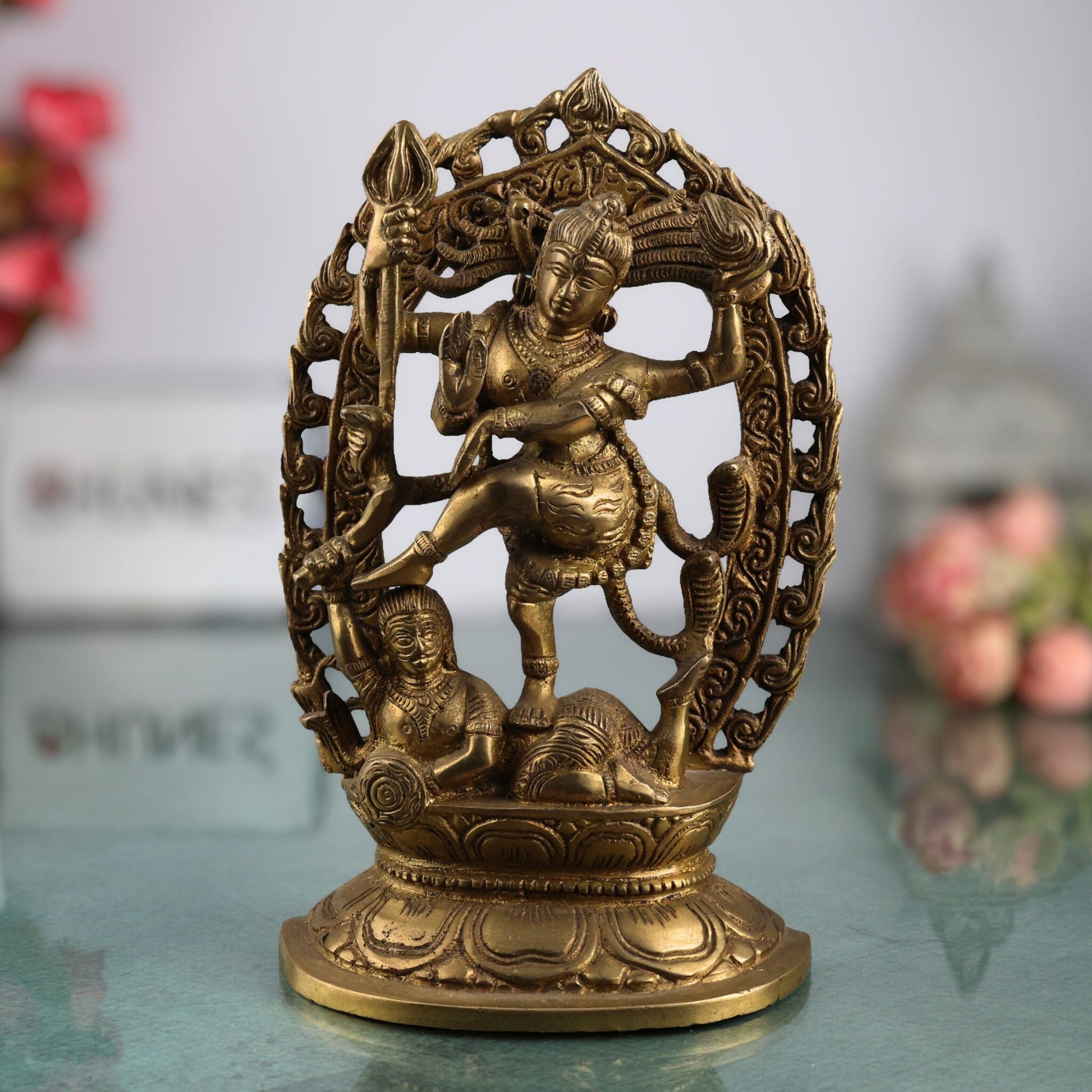 Brass Nataraja Idol, Dancing Shiva Murti, Chidambaram Nataraj Statue, Lord of Cosmic Dance, Tandava Shiva Pratima, Handcrafted Pittal Nataraja for Home, Temple, Puja & Gifting, Gold, 9 Inch, 1 Piece