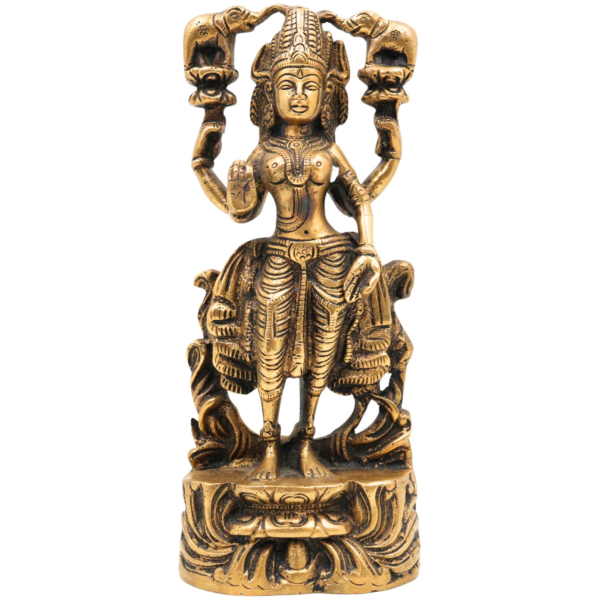 Handcrafted Brass Gaja Lakshmi Idol – Lakshmi Devi with Elephants | Gajalakshmi | Kamala | Padma | Prosperity & Wealth Murti for Pooja, Home Temple & Decor, Gold, 8.5 Inch, 1 Piece