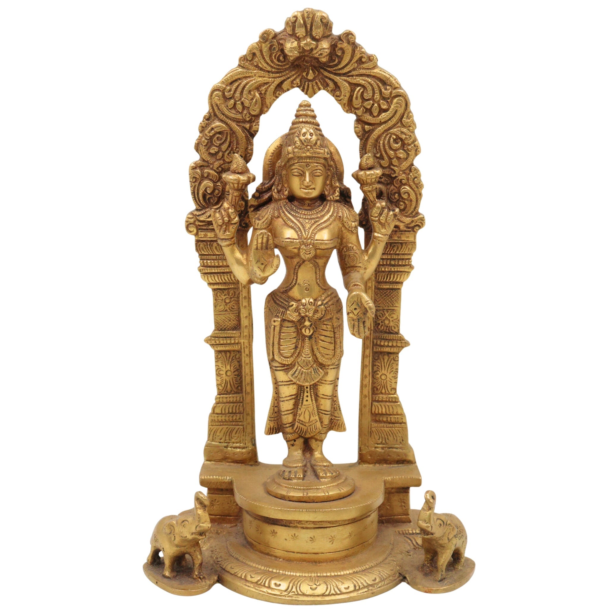 Handcrafted Brass Mahalakshmi Idol with Prabhavali | Lakshmi Devi, Shri, Kamala, Padma, Ashta Lakshmi Murti for Pooja, Temple & Home Decor, Gold, 9.5 Inch, 1 Piece