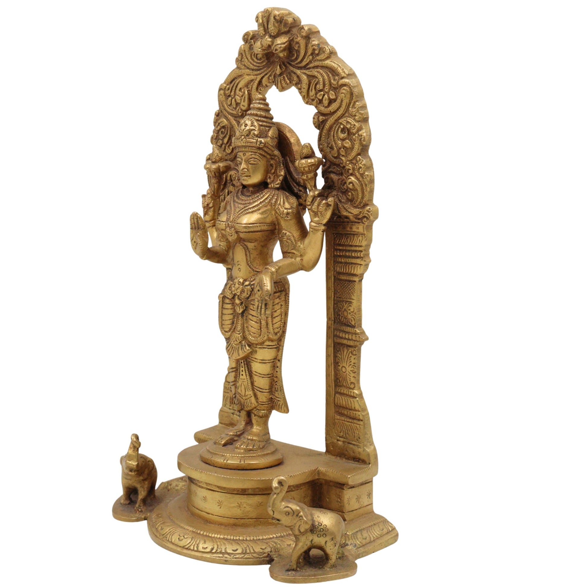 Handcrafted Brass Mahalakshmi Idol with Prabhavali | Lakshmi Devi, Shri, Kamala, Padma, Ashta Lakshmi Murti for Pooja, Temple & Home Decor, Gold, 9.5 Inch, 1 Piece