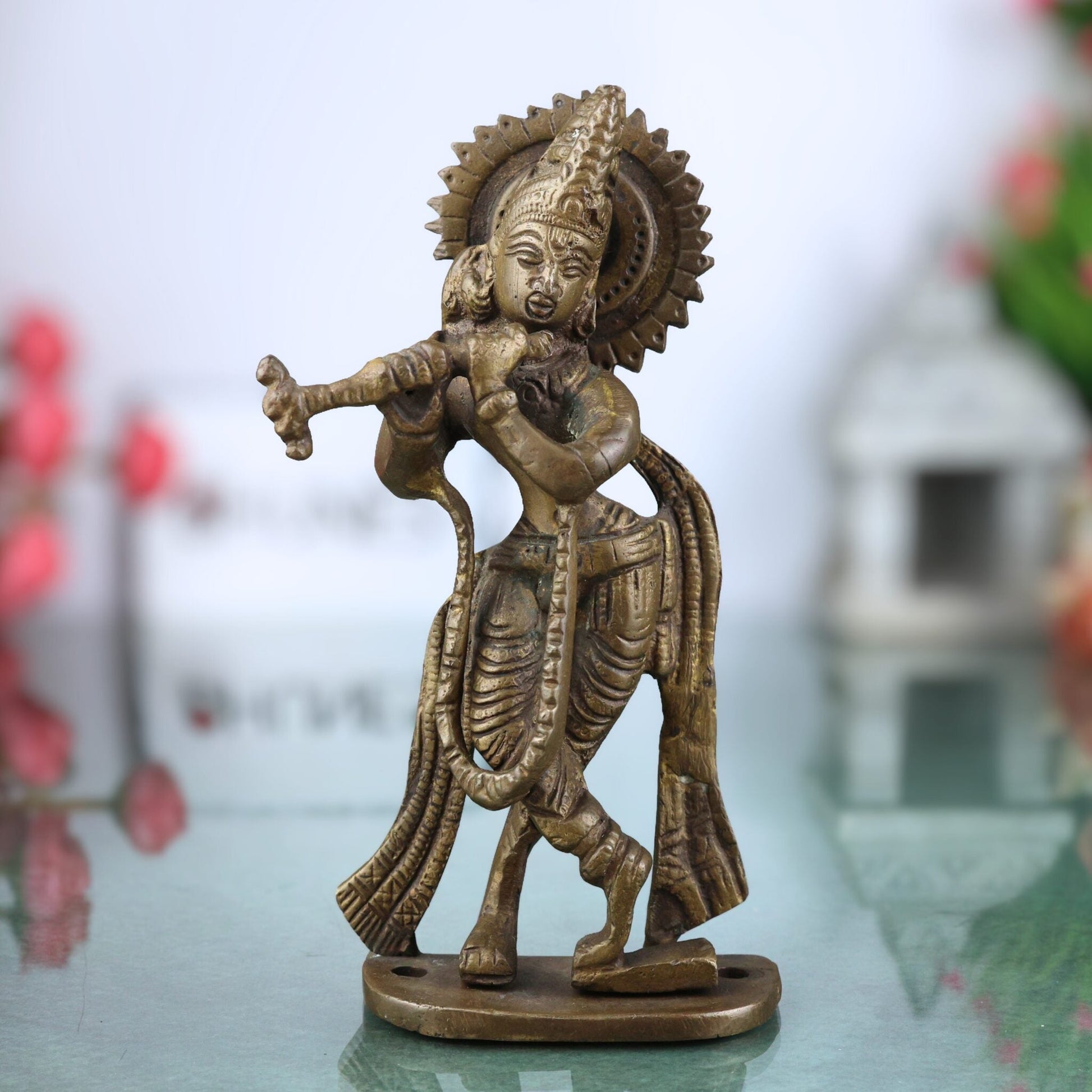 Brass Lord Krishna Idol | Bal Gopal, Govinda, Kanha, Murli Manohar, Shyamsundar, Banke Bihari Murti for Puja, Home Temple & Decor, Gold, 6.5 Inch, 1 Piece