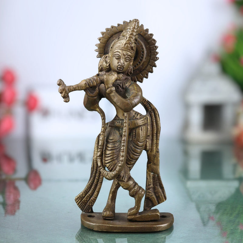 Brass Lord Krishna Idol | Bal Gopal, Govinda, Kanha, Murli Manohar, Shyamsundar, Banke Bihari Murti for Puja, Home Temple & Decor, Gold, 6.5 Inch, 1 Piece