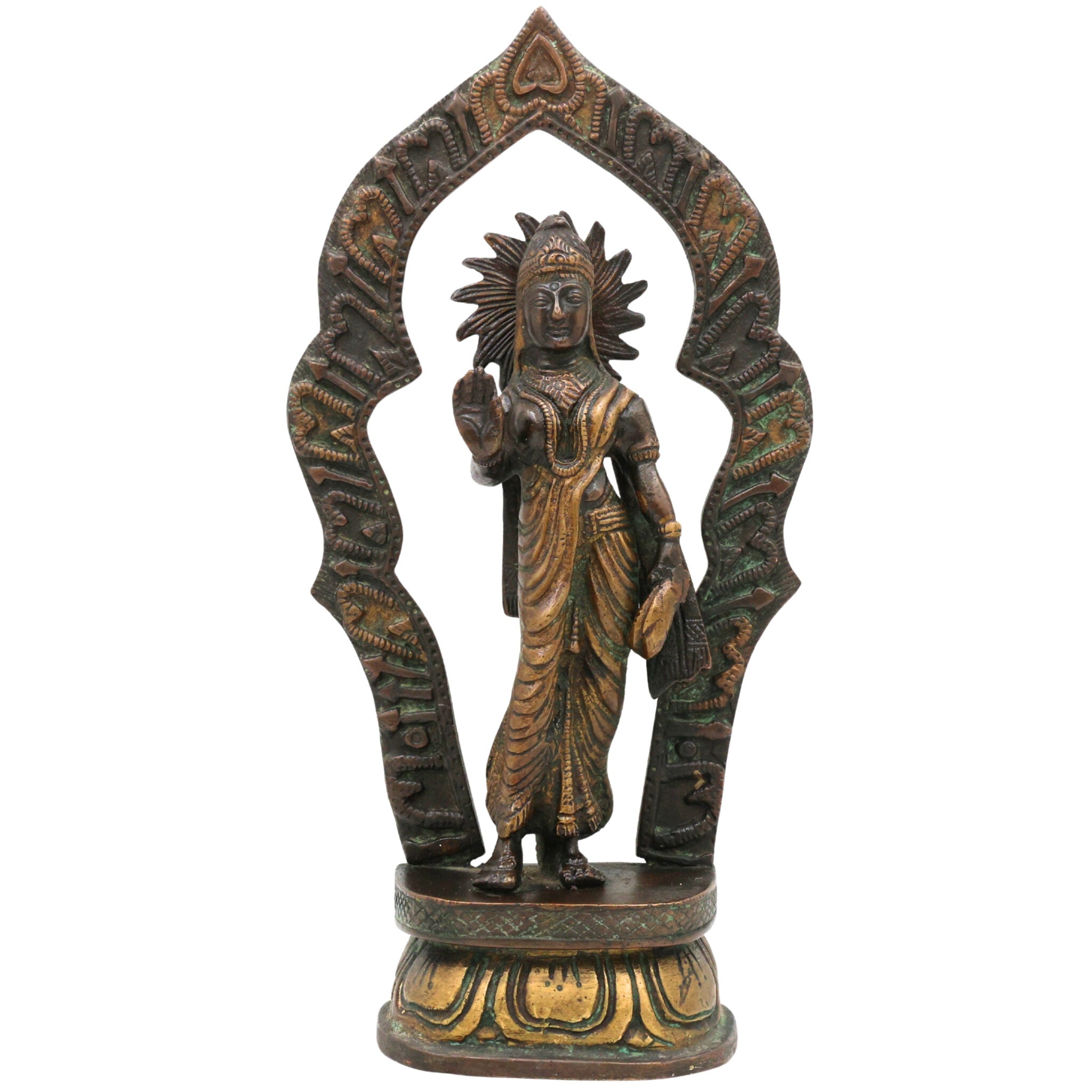 Handcrafted Brass Lakshmi Devi Idol with Prabhavali – Mahalakshmi | Kamala | Padmavati | Ashta Lakshmi | Shree Sculpture for Pooja, Home & Temple Decor, Multicolor, 5 Inch, 1 Piece