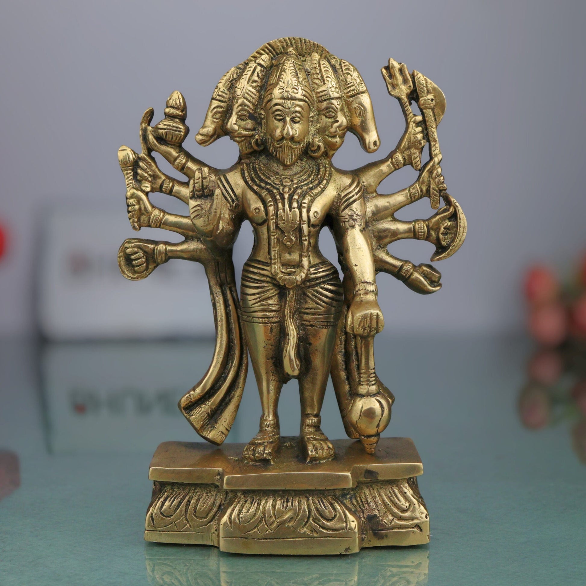 Panchmukhi Hanuman Brass Idol – Bajrang Bali Maruti Anjaneya Murti | Vastu Pooja Statue | Pavanputra Peetal Ram Bhakt Mahavira Sculpture for Home Temple Decor & Gift, Gold, 8 Inch, 1 Piece