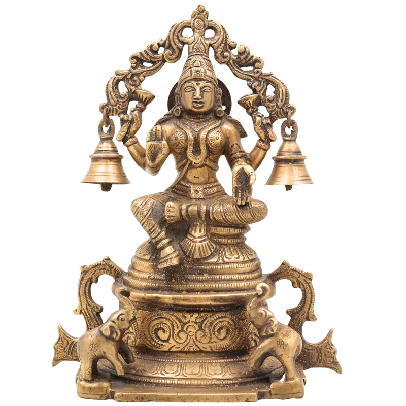 Handcrafted Brass Gaja Lakshmi Idol with Bellstyle Prabhavali – Mahalakshmi Kamala Devi Murti for Pooja, Temple & Home Decor, Gold, 8.5 Inch, 1 Piece