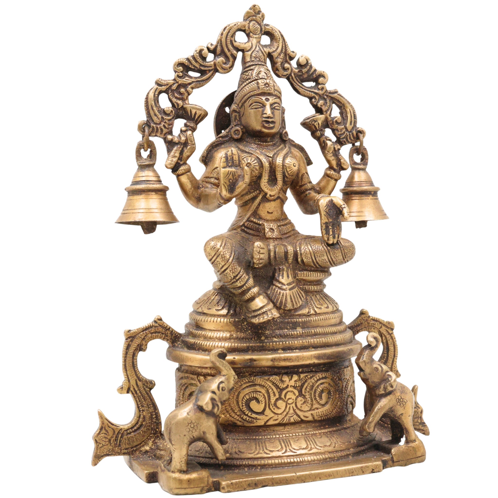 Handcrafted Brass Gaja Lakshmi Idol with Bellstyle Prabhavali – Mahalakshmi Kamala Devi Murti for Pooja, Temple & Home Decor, Gold, 8.5 Inch, 1 Piece