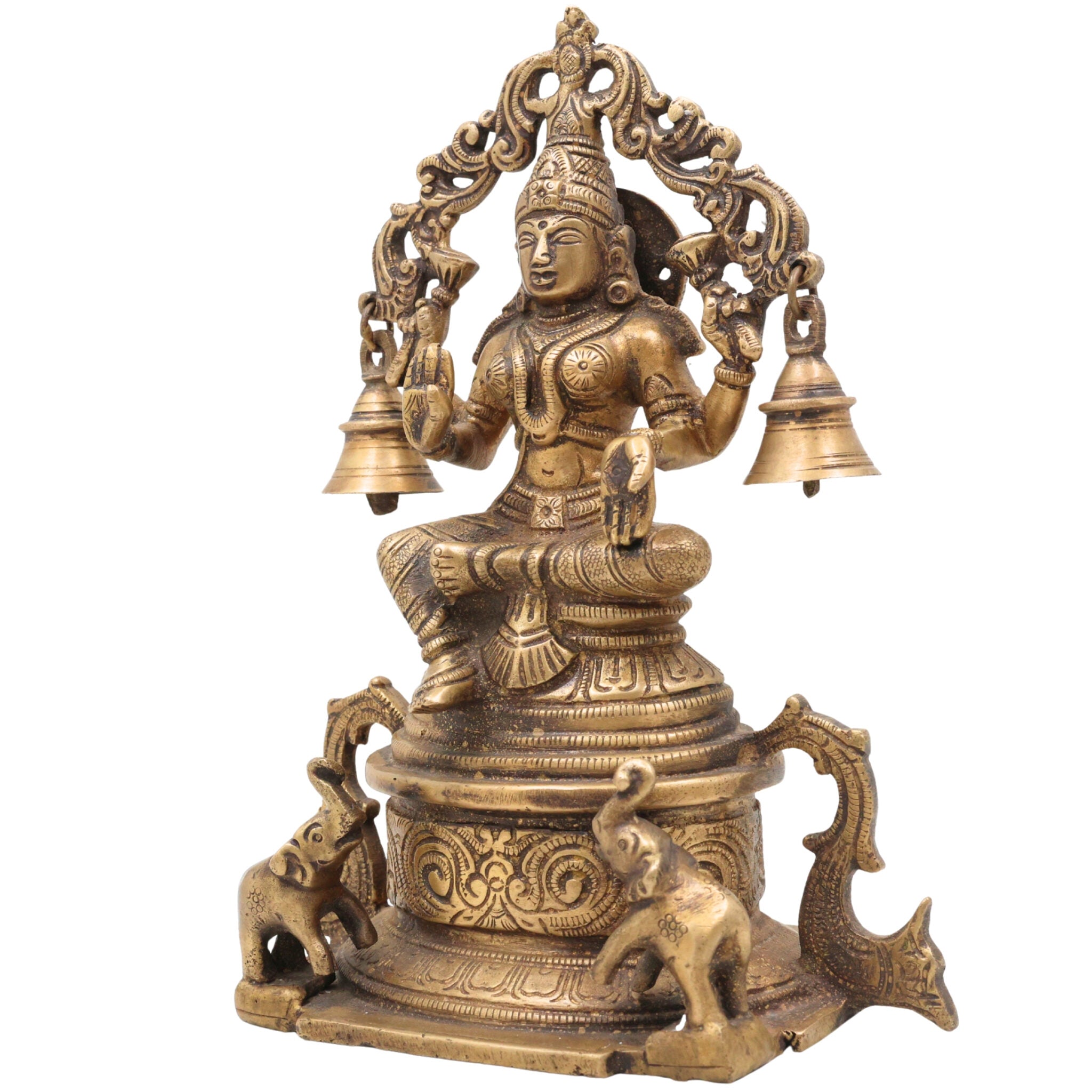 Handcrafted Brass Gaja Lakshmi Idol with Bellstyle Prabhavali – Mahalakshmi Kamala Devi Murti for Pooja, Temple & Home Decor, Gold, 8.5 Inch, 1 Piece