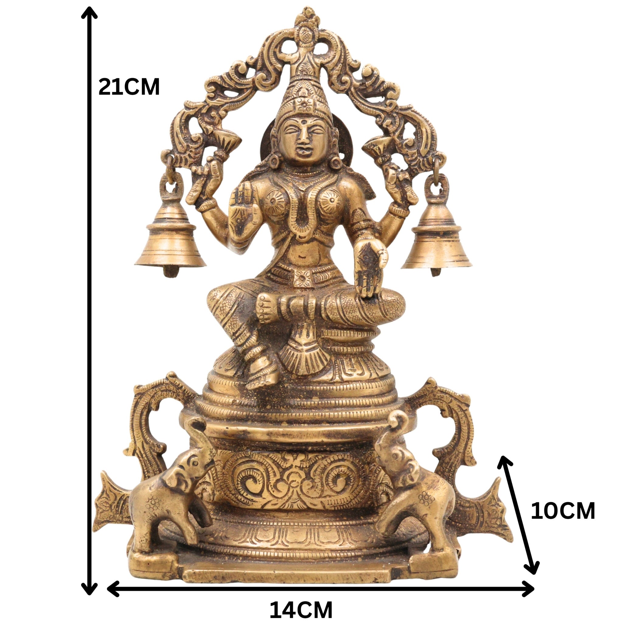 Handcrafted Brass Gaja Lakshmi Idol with Bellstyle Prabhavali – Mahalakshmi Kamala Devi Murti for Pooja, Temple & Home Decor, Gold, 8.5 Inch, 1 Piece