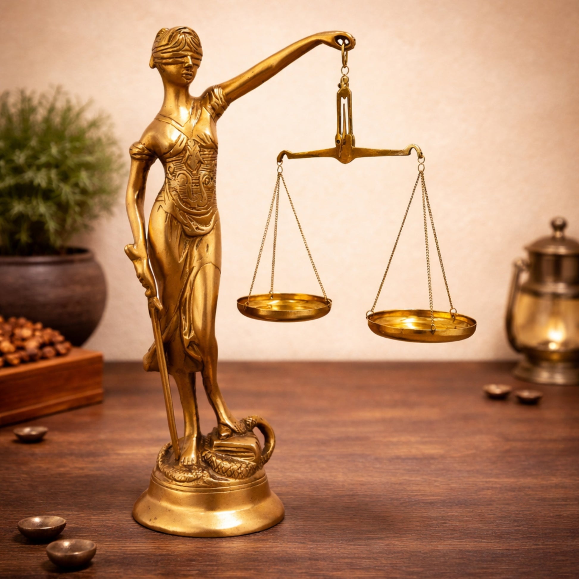 Brass Blind Folded Justice Sculptures, Lady Justice Statues, Themis Sculptures, Andha Kanoon, Lady Justice Statue Of Law, Gold, 13.5 Inch, 1 Piece