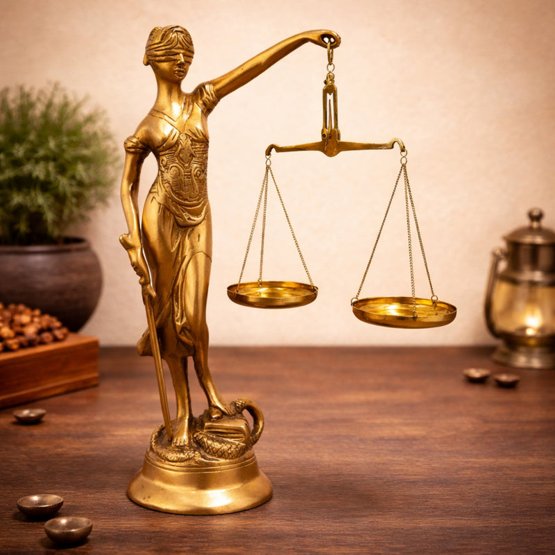 Brass Blind Folded Justice Sculptures, Lady Justice Statues, Themis Sculptures, Andha Kanoon, Lady Justice Statue Of Law, Gold, 13.5 Inch, 1 Piece