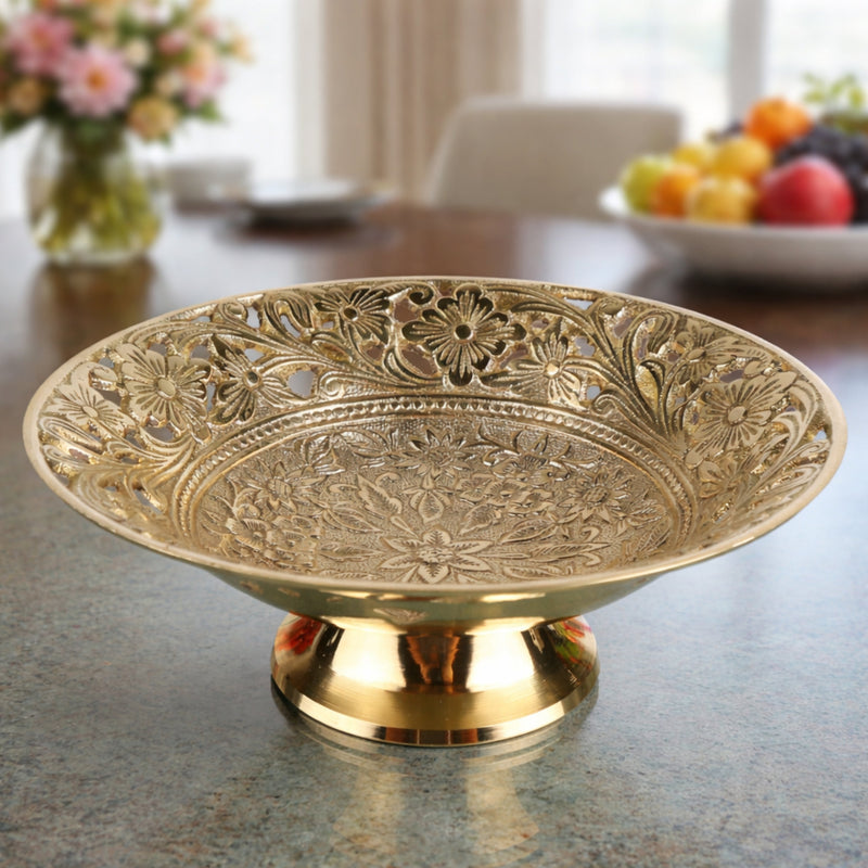 Handcrafted Brass Fruit Bowl, Peetal Pital Pittal Hitale Decorative Dry Fruit Bowl, Traditional Indian Brass Home Decor Centerpiece, Gold, 8.27 Inch, 1 Piece