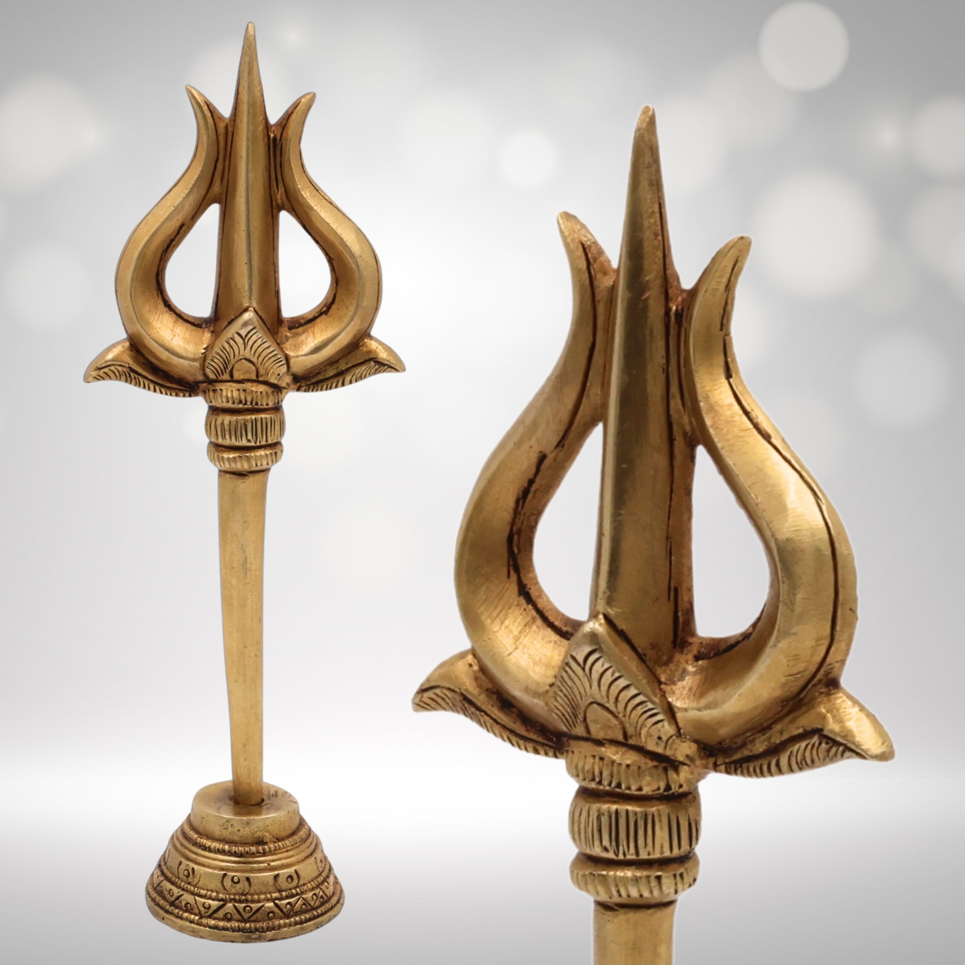 Bhunes Brass Trishul with Stand - Trishool Trident Figurine for Pooja, Mandir, Puja Room, Home Decor, Temple, and Gifting, Gold, 8.5 Inch, 1 Piece
