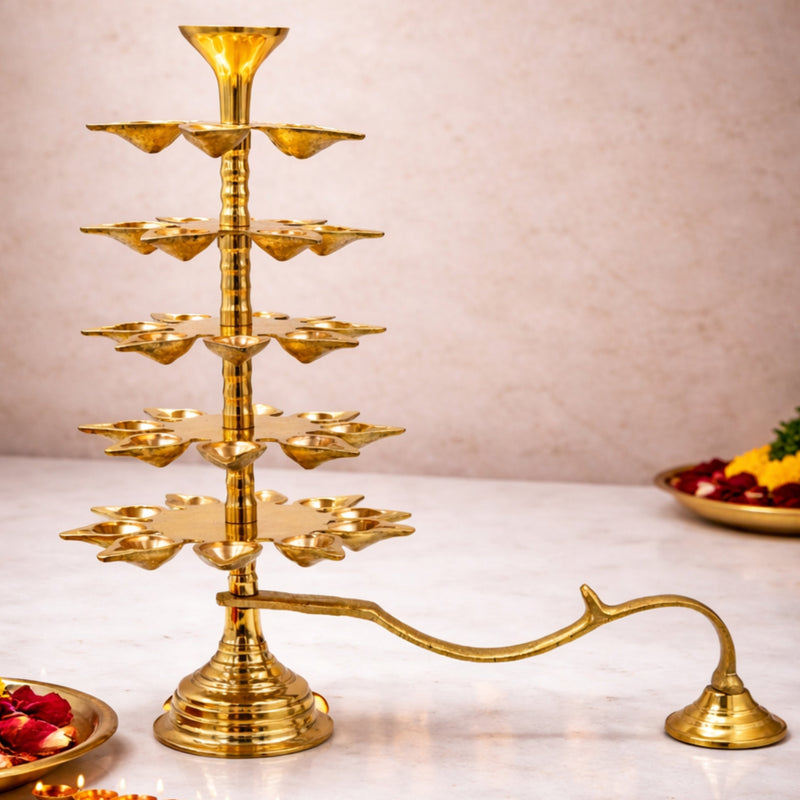 Brass 5 Layer Aarti Lamp Panchmukhi Panchadeepam, 5 Jyot Pancharti Diya, Peetal 5 Wick Pooja Deepam, Traditional Temple Aarti Lamp, Multi Tier Mandir Aarti Stand, Hindu Pooja Brass Deepak, Gold, 14 Inch, 1 Piece