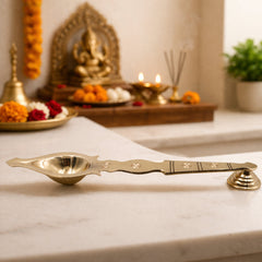 Brass Aarti Burner Kapoor Dani Camphor Diya Pooja Aarthi Deepam Harathi Deep Karpur Dani Peetal Pital Pittal Mandir Temple Pooja Samagri Traditional Brass Aarti Lamp Holder, Gold, 12 Inch, 1 Piece