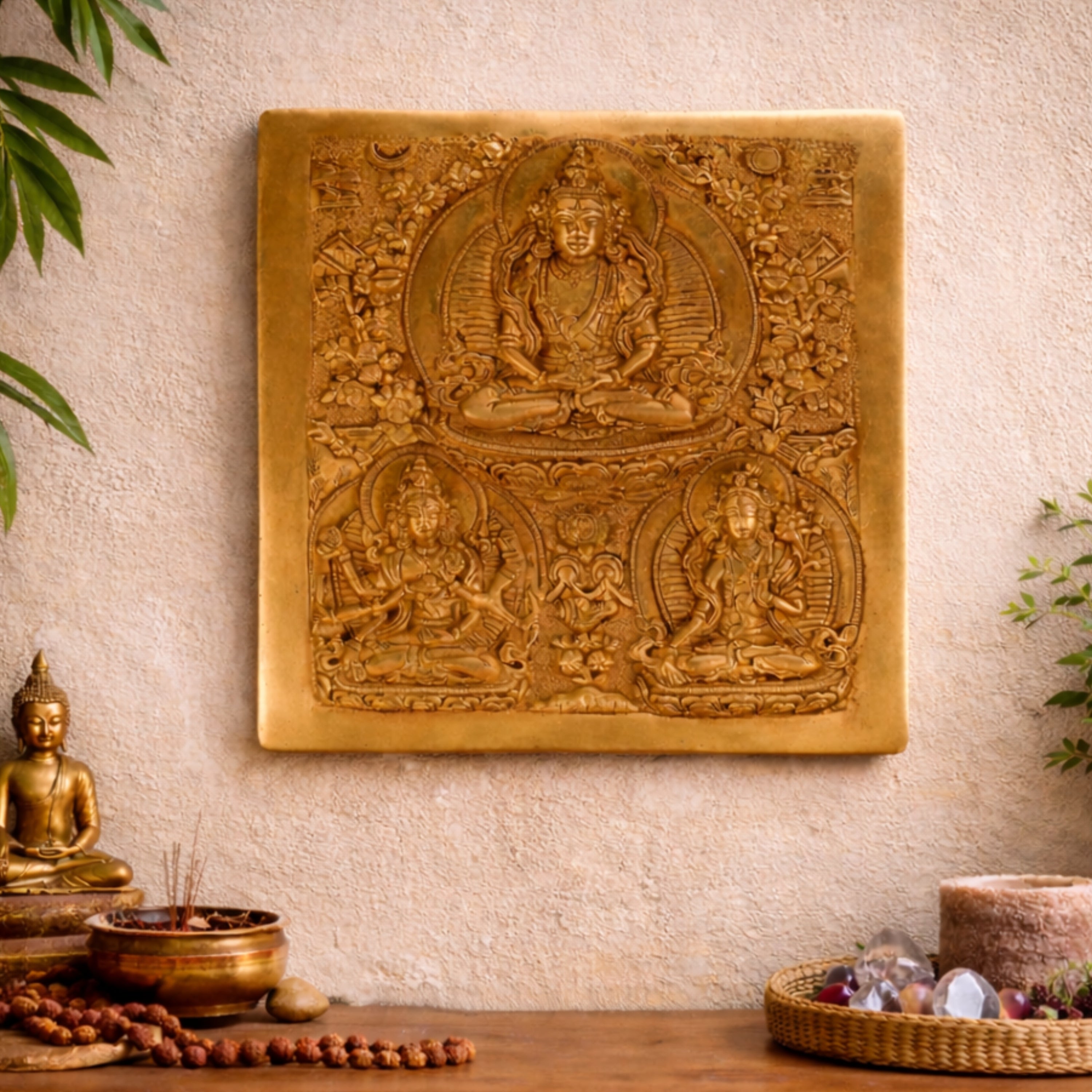 Brass Vasudhara Manjushri Wall Hanging, Manjushree Bodhisattva Idol for Home Temple Meditation & Pooja Decor, Gold, 7.5 Inch, 1 Piece
