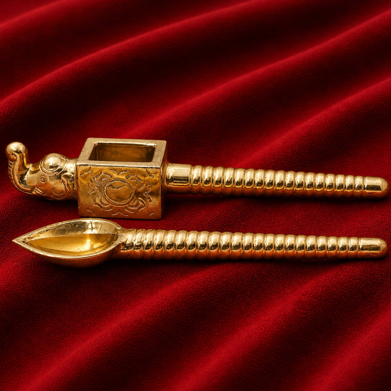 Brass Handcrafted Elephant Shaped Havan Spoons (Set of 2) – Traditional Yajna Achamani Sruva for Agnihotra & Vedic Rituals, Gold, 20 Inch, 2 Piece