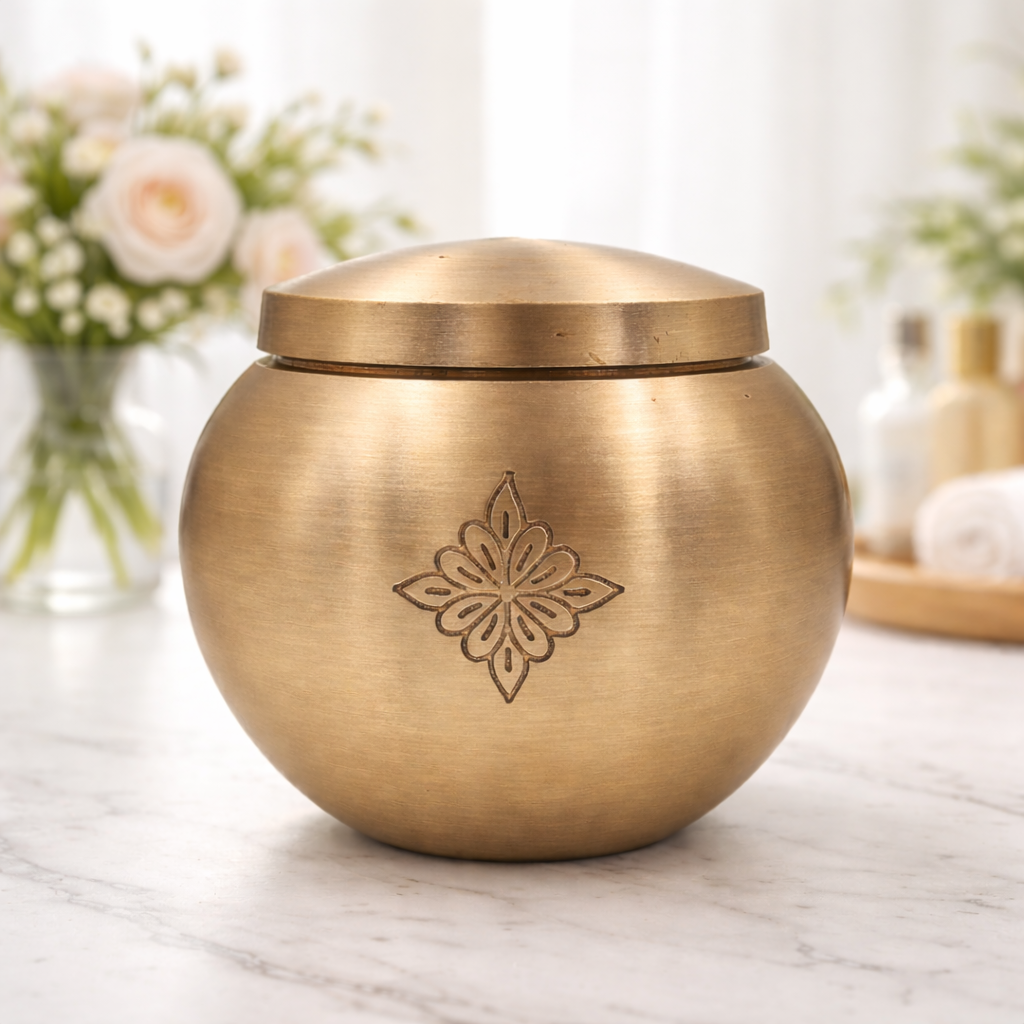Bhunes Handcrafted Brass Ghee Box, Traditional Multi-Use Storage Container for Kitchen & Spices, 0.5 Litre, Gold, 3.5 Inch, 1 Piece