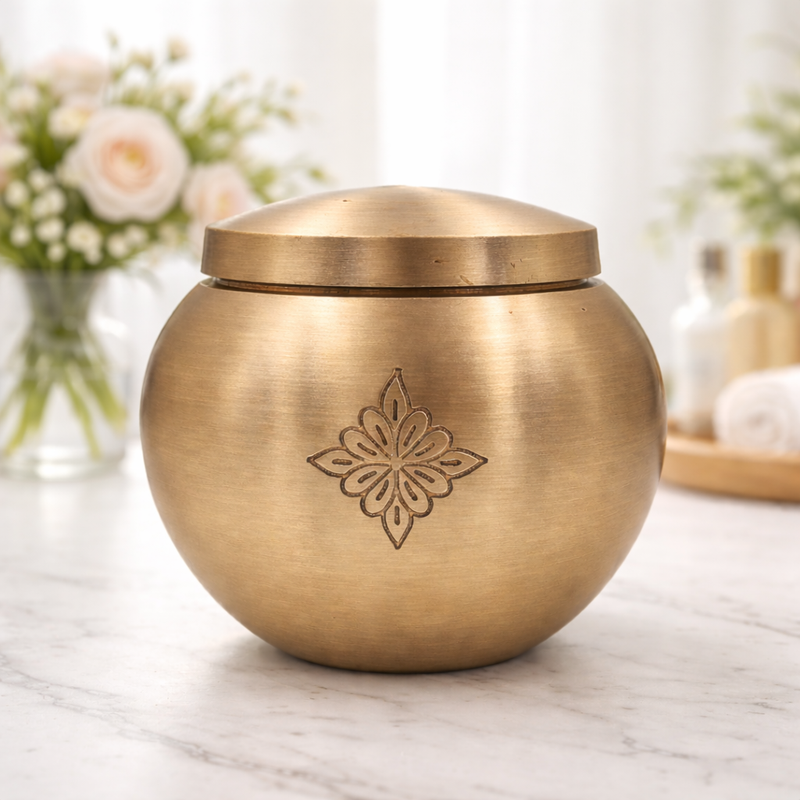 Bhunes Handcrafted Brass Ghee Box, Traditional Multi-Use Storage Container for Kitchen & Spices, 0.5 Litre, Gold, 3.5 Inch, 1 Piece