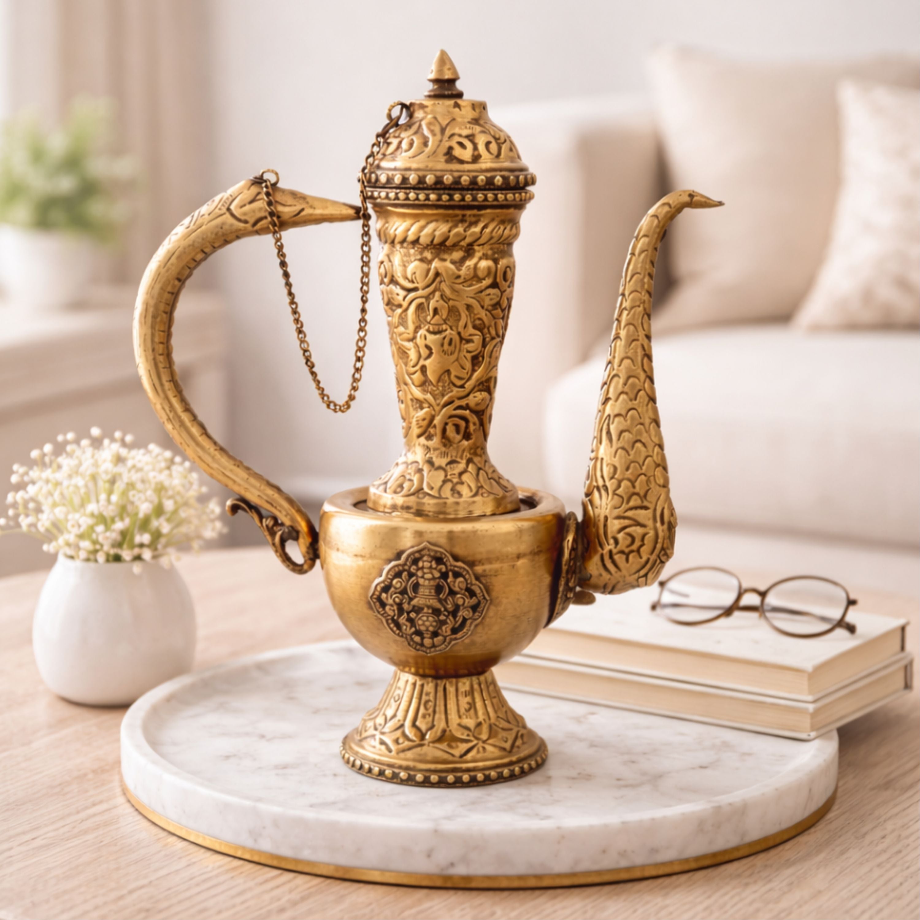 Handcrafted Brass Kettle Idol – Vintage Peetal Chai Pot | Pittal Surahi Samovar for Pooja, Home Decor & Ethnic Gifting,Brown, 10 Inch, 1 Piece