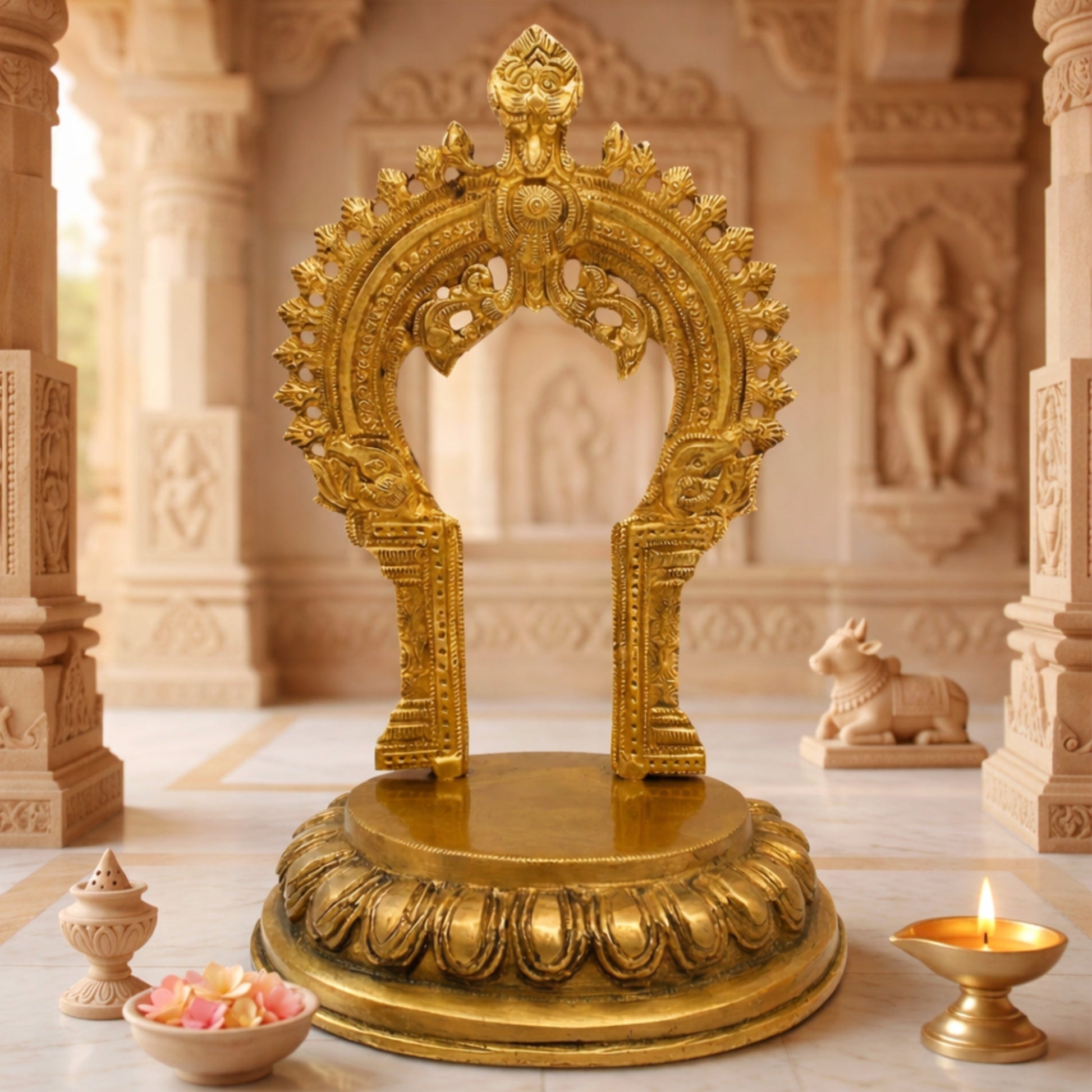 Brass Peeta With Prabhavali Idol, Pital Prabhai Peetha, Hindu Temple Murti Base, Handmade Peetal Prabhavali Chowki,Gold, 8 Inch, 1 Piece