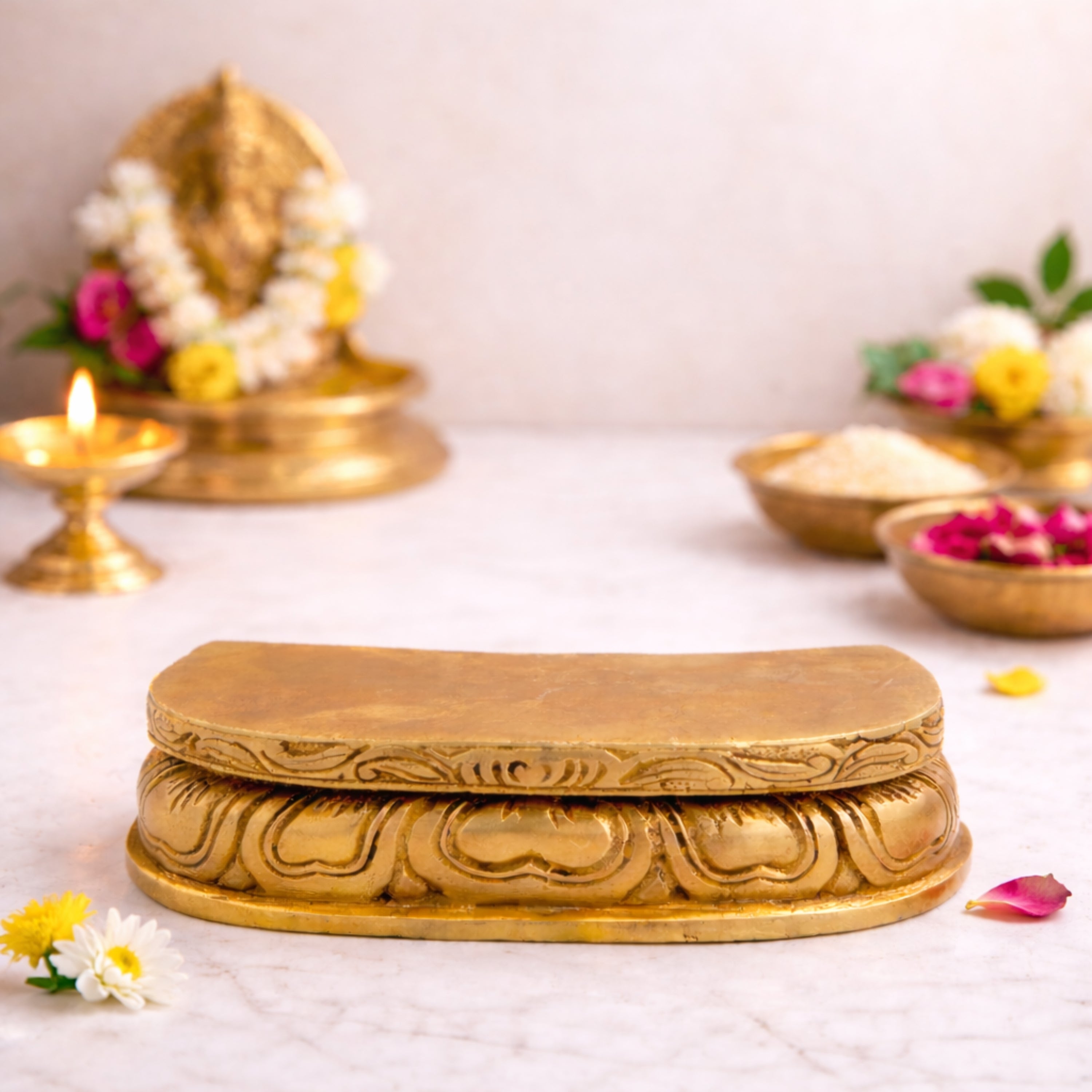 Handcrafted Brass Pooja Chowki Peeth Bajot Singhasan, Puja Peetam Pat Aasan Platform for Home Mandir Temple Rituals,Gold, 2 Inch, 1 Piece