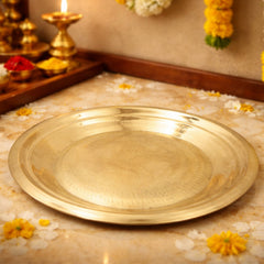 Brass Pooja Plate, Brass Pooja Thali, Peetal Aarti Thali, Hittale Pooja Taali, Brass Thambalam, Pooja Samagri Plate, Temple Pooja Thali for Home Mandir, Festival Aarti Ritual Plate, Gold, 13.5 Inch, 1 Piece