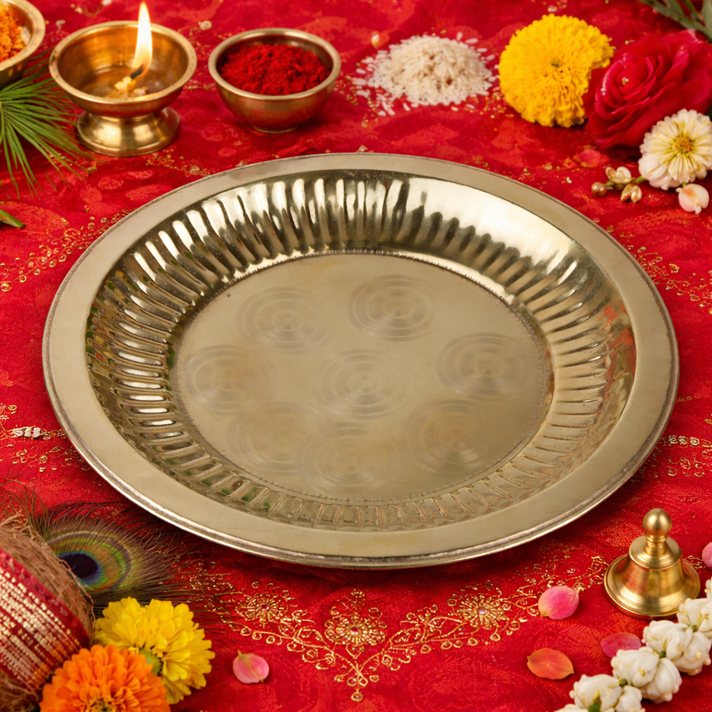 Brass Pooja Thali, Peetal Aarti Plate, Traditional Pittal Puja Thambalam, Pital Worship Plate for Daily Aarti & Temple Rituals, Gold, 1 Inch, 1 Piece
