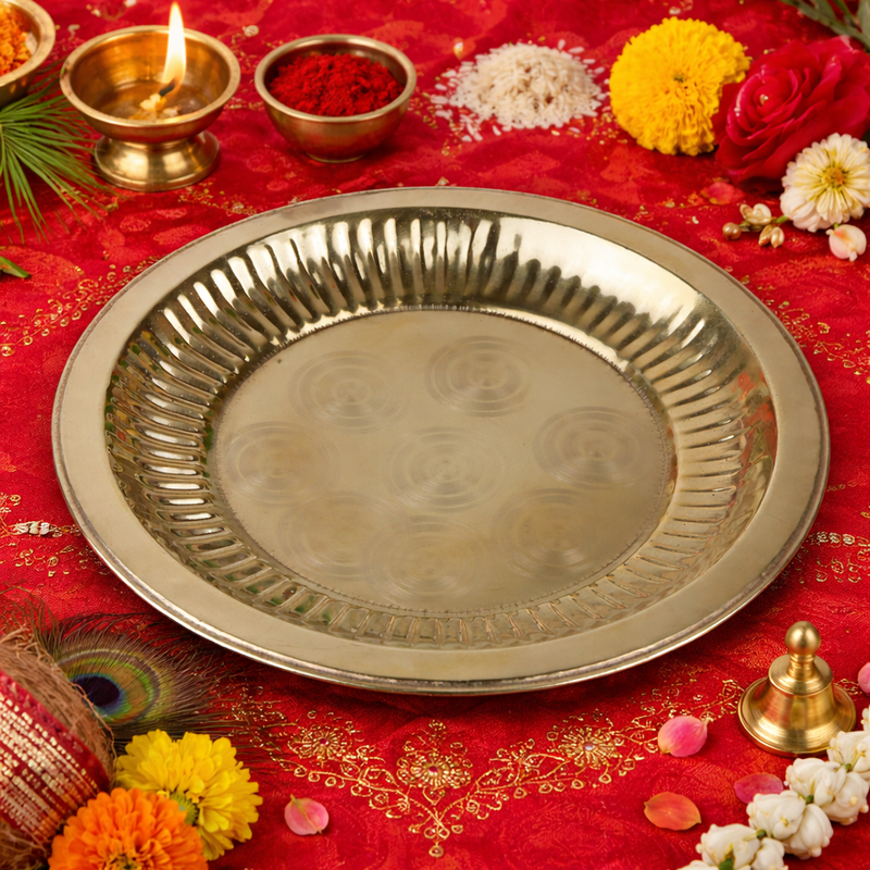 Brass Pooja Thali, Peetal Aarti Plate, Traditional Pittal Puja Thambalam, Pital Worship Plate for Daily Aarti & Temple Rituals, Gold, 1 Inch, 1 Piece