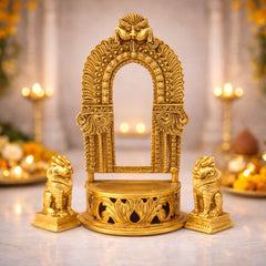 Brass Pooja Chowki with Prabhavali and Yali, Handmade Peetha Singhasan Bajot for Temple Decor, Gold, 11 Inch, 1 Piece