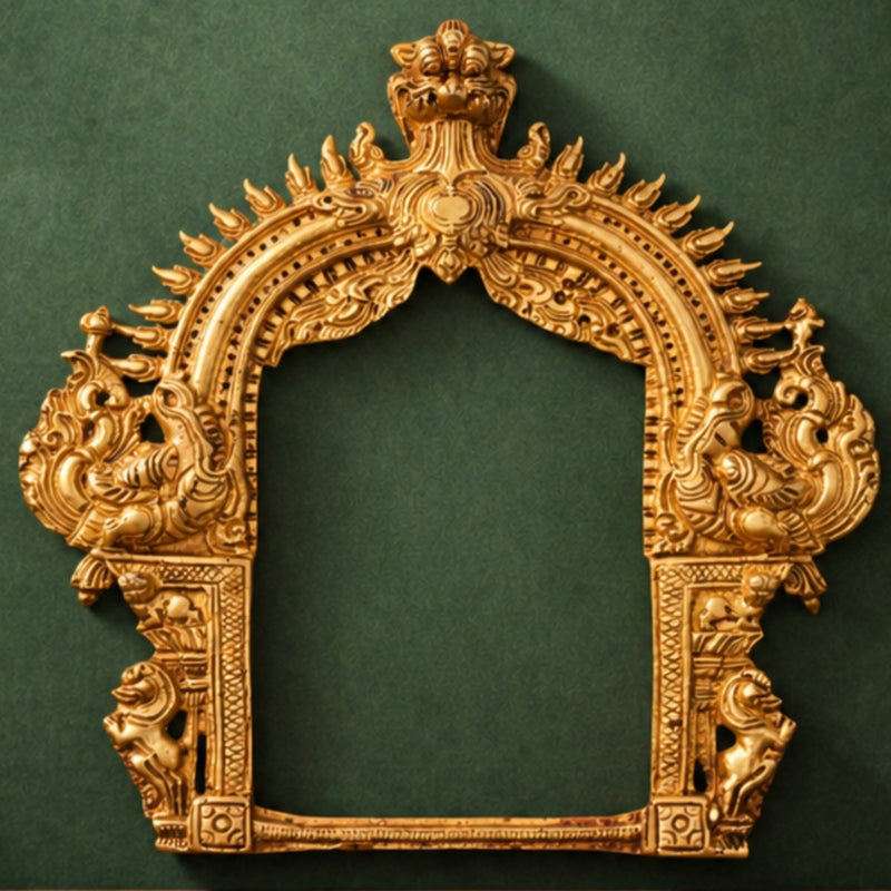 Brass Prabhavali Arch Peetal Prabha Mandala Makara Torana Prabhavalli Frame for Murti Vigraha Mandir Pooja Decor Traditional Temple Back Aureole, Gold, 12 Inch, 1 Piece