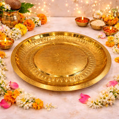 Brass Pooja Thali, Handcrafted Peetal Pittal Puja Plate, Temple Aarti Thambalam, Antique Pital Hittale Pooja Plate, Gold, 13.39 Inch, 1 Piece