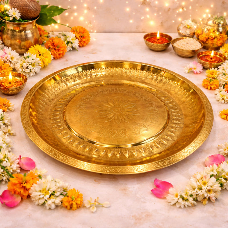 Brass Pooja Thali, Handcrafted Peetal Pittal Puja Plate, Temple Aarti Thambalam, Antique Pital Hittale Pooja Plate, Gold, 13.39 Inch, 1 Piece