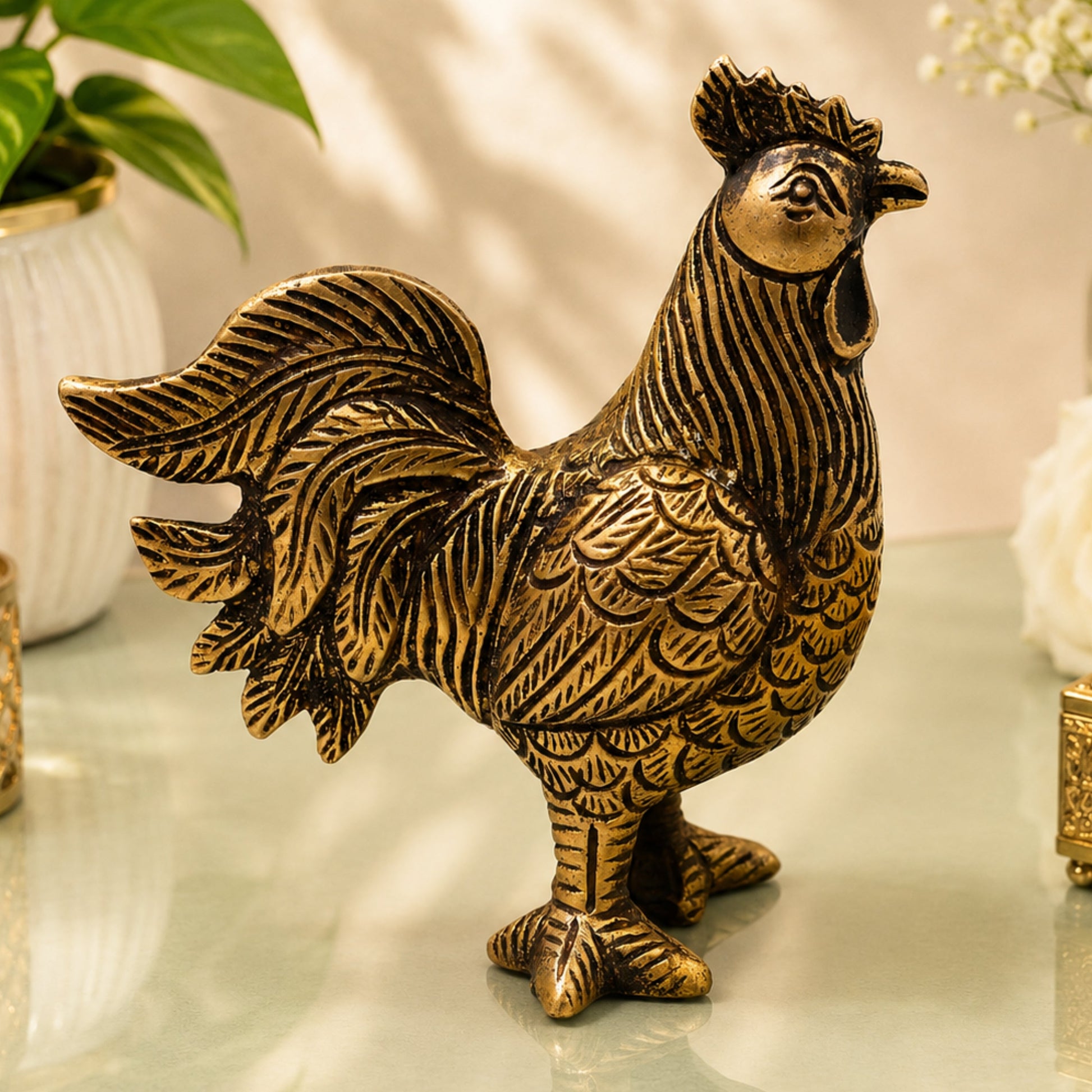 Brass Rooster Murti for Vastu & Home Decor, Handcrafted Traditional Peetal Kukuta Gift Sculpture, Gold, 4 Inch, 1 Piece