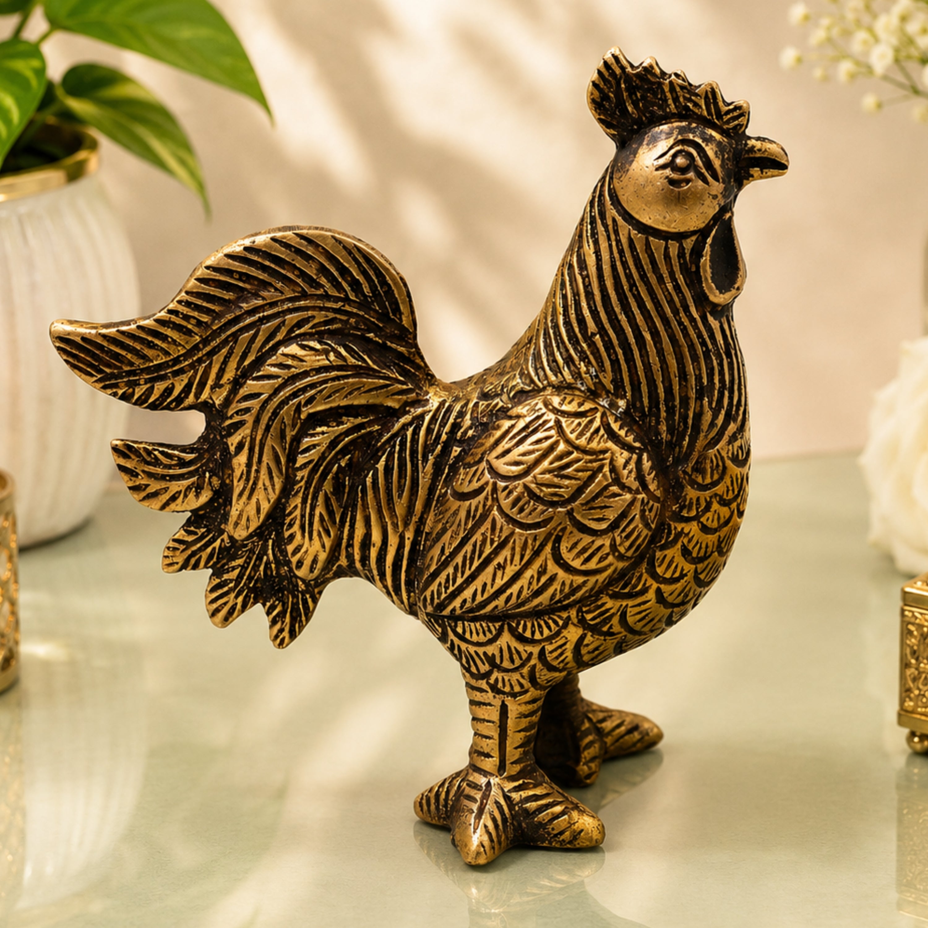 Brass Rooster Murti for Vastu & Home Decor, Handcrafted Traditional Peetal Kukuta Gift Sculpture, Gold, 4 Inch, 1 Piece