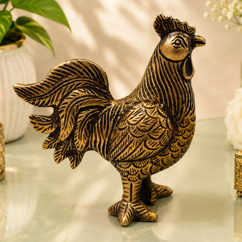 Brass Rooster Murti for Vastu & Home Decor, Handcrafted Traditional Peetal Kukuta Gift Sculpture, Gold, 4 Inch, 1 Piece