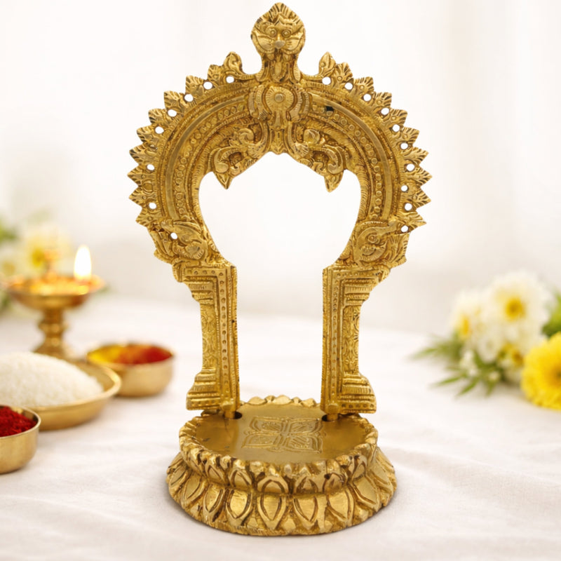 Brass Shinghashan with Prabhavali, Handmade Small Pooja Chowki, Peetha Bajot Stand for Temple, Mandir Deity Platform, Prabhaval Frame, Gold, 8 Inch, 1 Piece