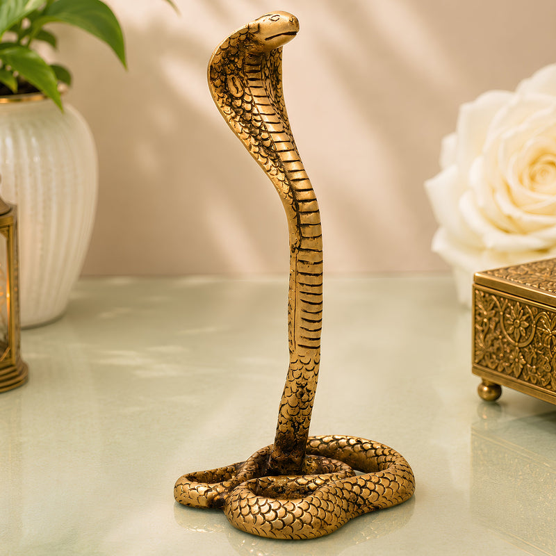 Brass Snake Handcrafted Naag Devta Idol for Pooja, Vastu & Home Decor, Traditional Cobra Sculpture, Gold, 10.5 Inch, 1 Piece