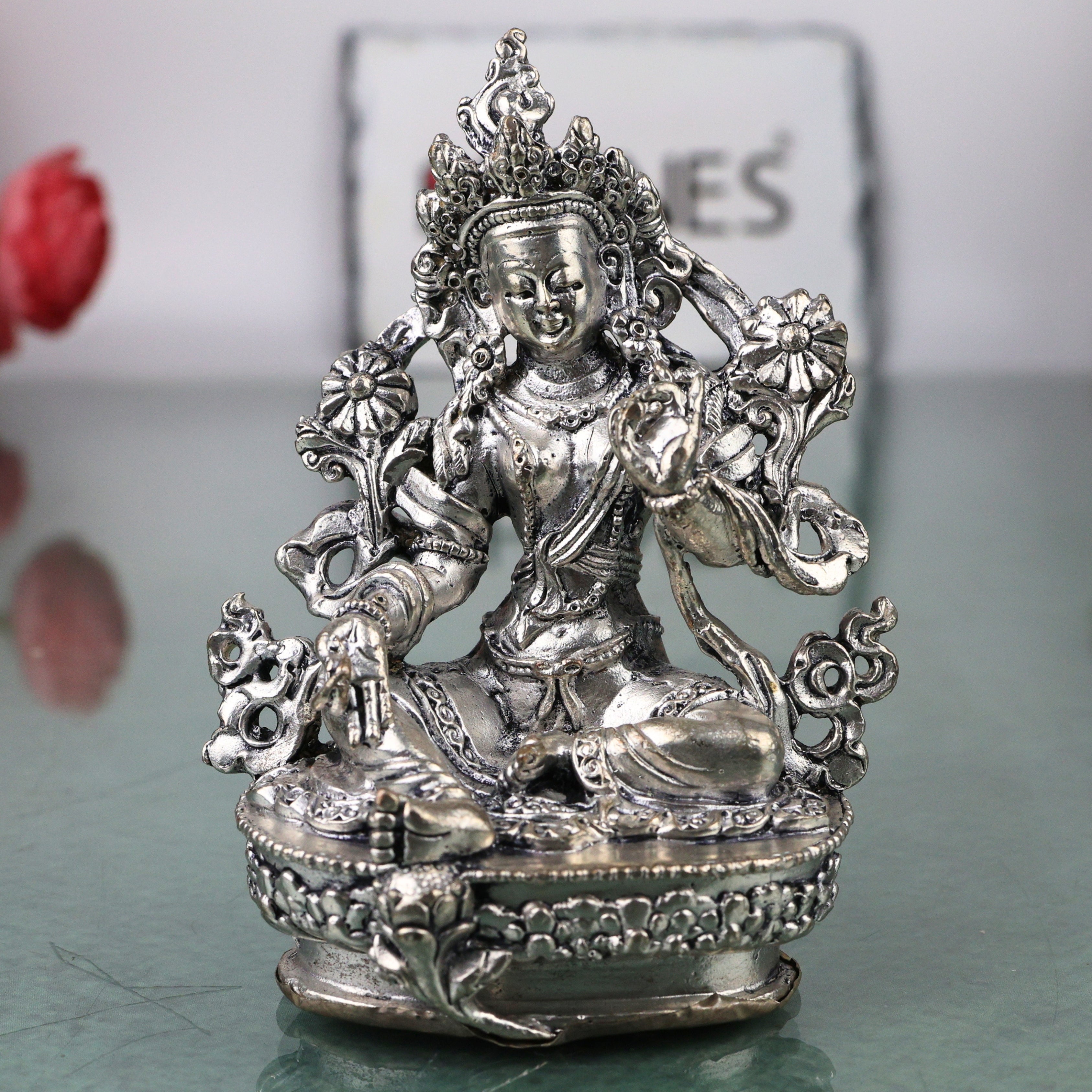 Brass Tara Maa Idol Silver Coated, Maa Tara Devi Murti, Mahavidya Ugra Tara, Neel Saraswati, Tarini Maa Statue for Puja, Home Decor & Spiritual Gift, Silver, 3.5 Inch, 1 Piece