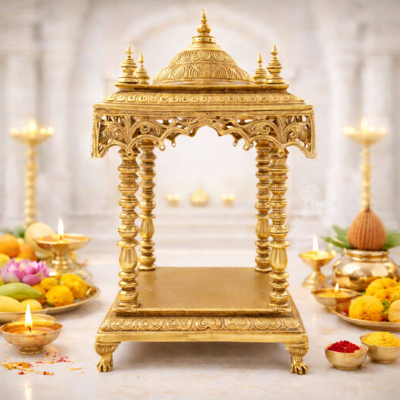 Handcrafted Brass Temple Mandir for Home Pooja, Peetal Devalayam Puja Ghar Kovil Aalayam Devghar Singhasan Chowki,Gold, 21 Inch, 1 Piece