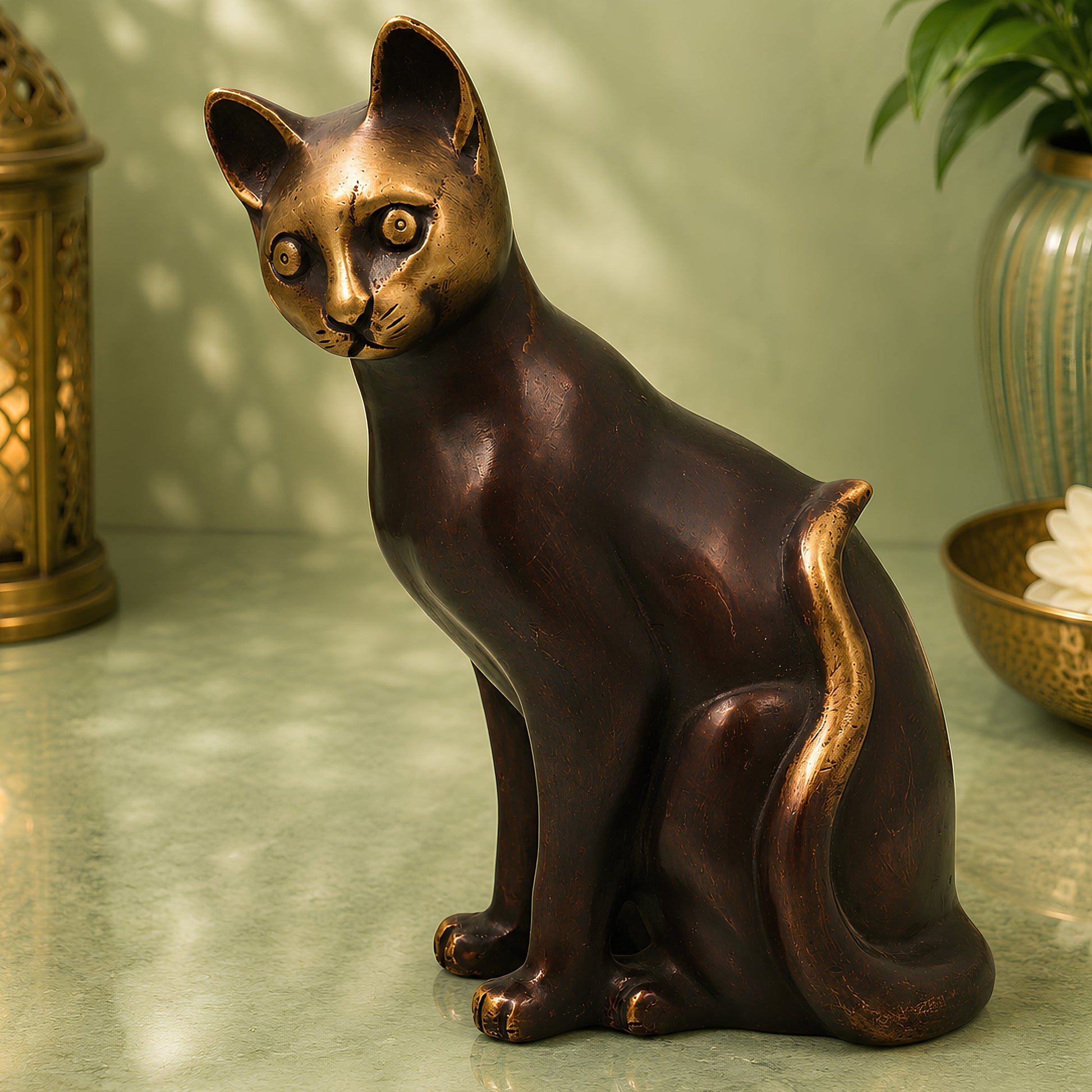 Brass Cat Idol Sculpture for Vastu Home Decor Gifting Traditional Handcrafted Chola Style Murti, Gold, 8 Inch, 1 Piece